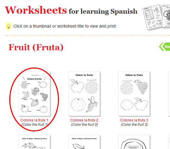 In spanishkidstuff.com locate the worksheet, craft sheet or song sheet you want to use